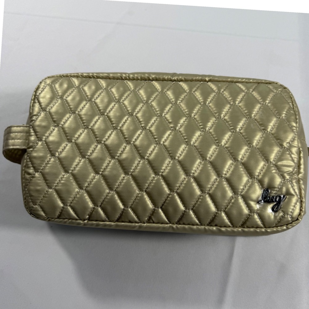 Lug Quilted Cosmetic‎ Bag Metallic Champagne Gold Floral Lining Travel Pouch